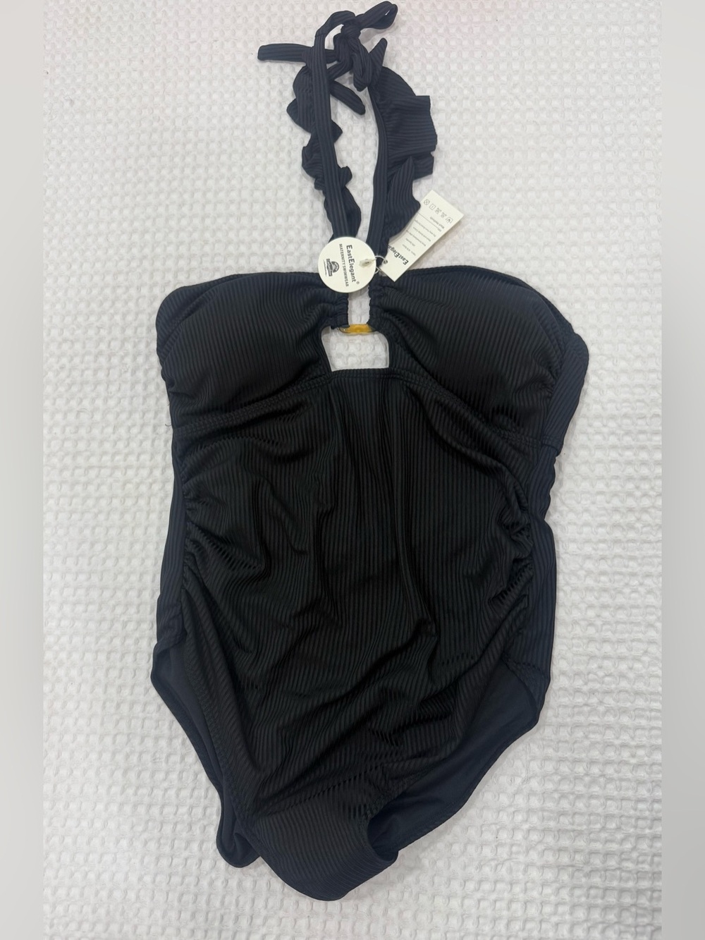 Maternity Black Ribbed One-Piece Halter Swimsuit